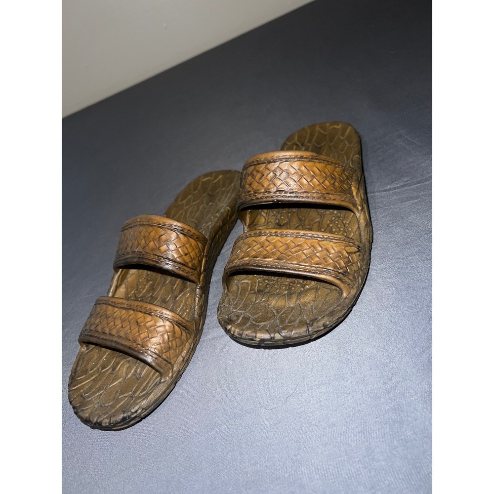 Pali Hawaii Classic Jesus Sandals Brown Double Strap Basket Weave Slides Size 5